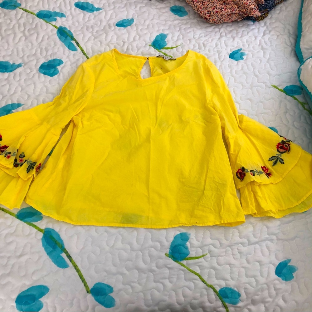 yellow blouse with bell sleeve